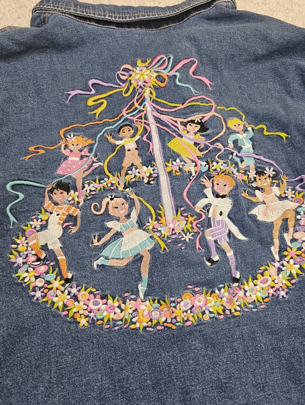VTG Y2K Bob Mackie Wearable Art Embroidered Denim Shirt Maypole Floral Womens L - Picture 3 of 11